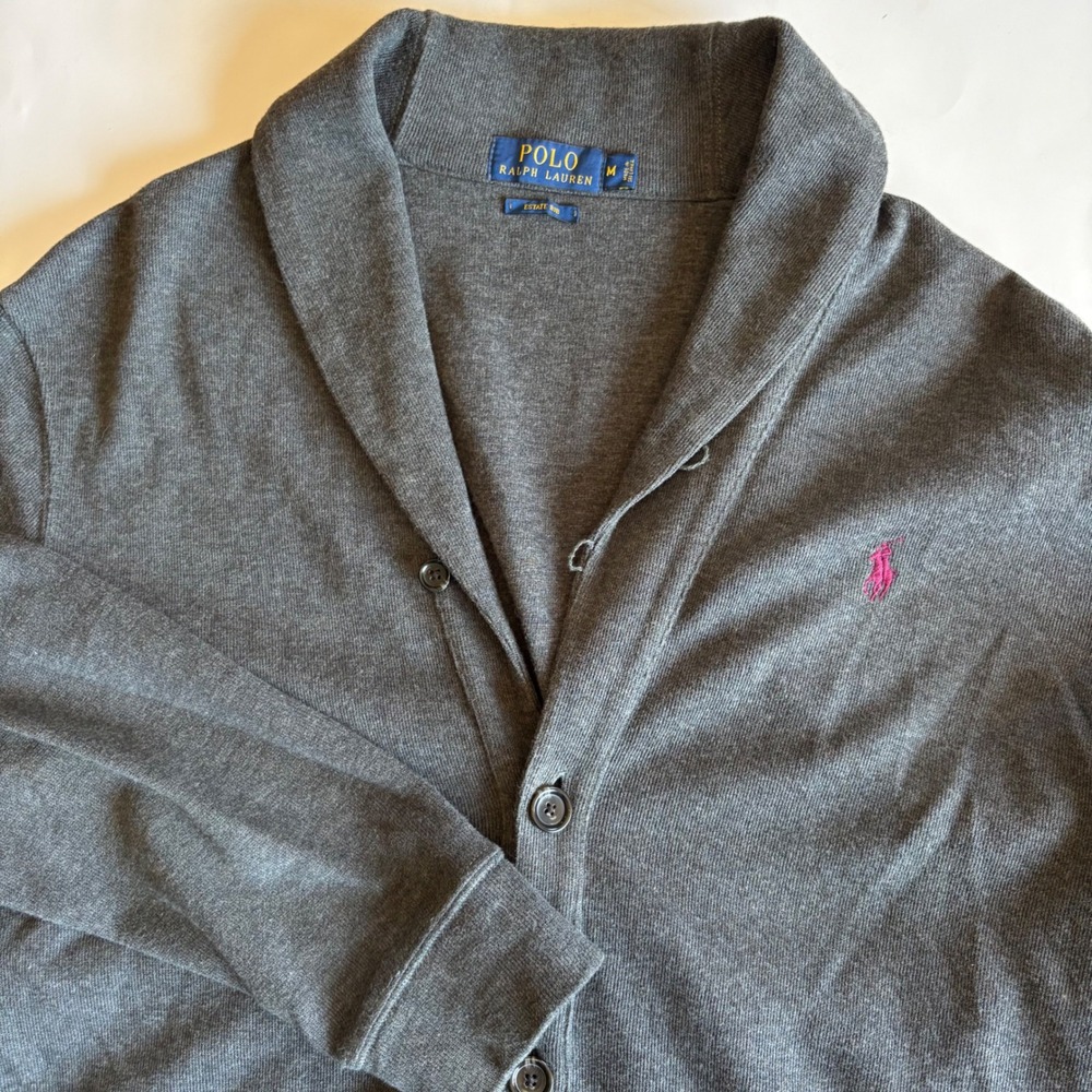 Polo Ralph Lauren Mens Estate Rib Cotton Shawl Collar Cardigan Gray Pony M